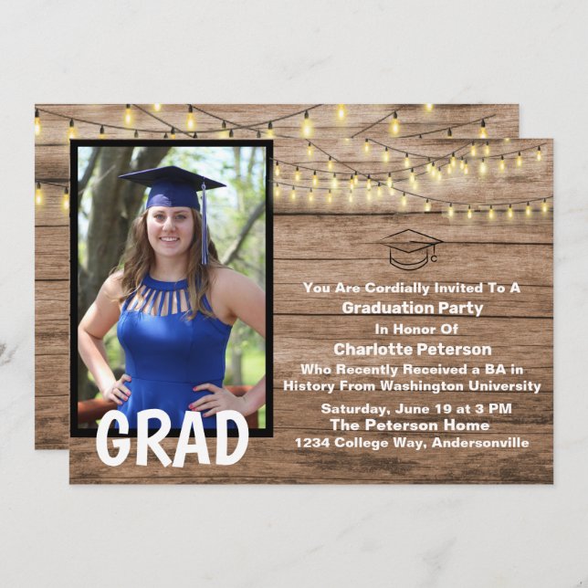 Invitación Partido de Graduación de Fotografías Rustic Wood & (Anverso / Reverso)