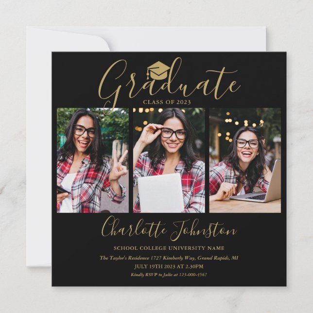 Invitación Partido De Graduación De Fotos Black And Gold Scri (Anverso)