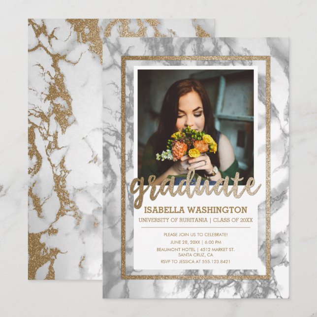 Invitación Partido de Graduación de Fotos con Guión de Mármol (Anverso / Reverso)