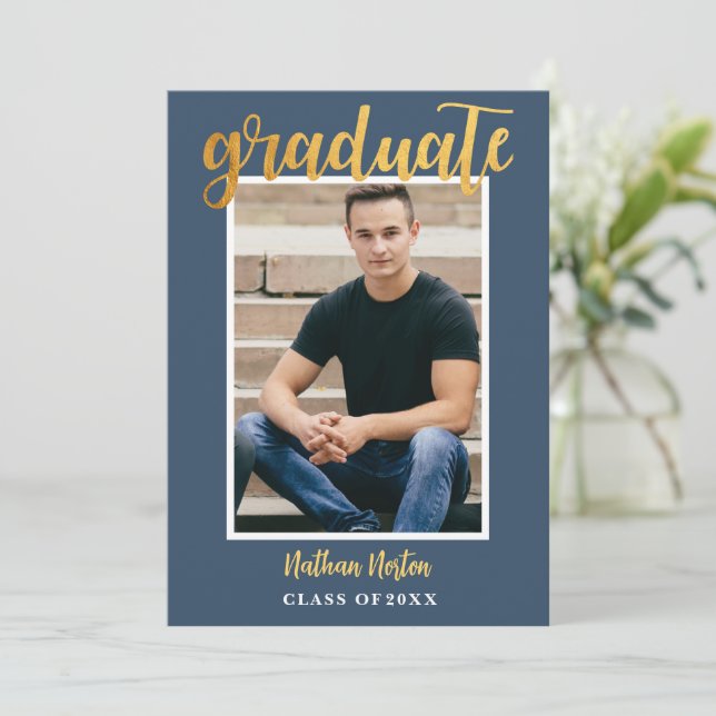 Invitación Partido de Graduación de Fotos de Navy Blue Gold S (Anverso de pie)