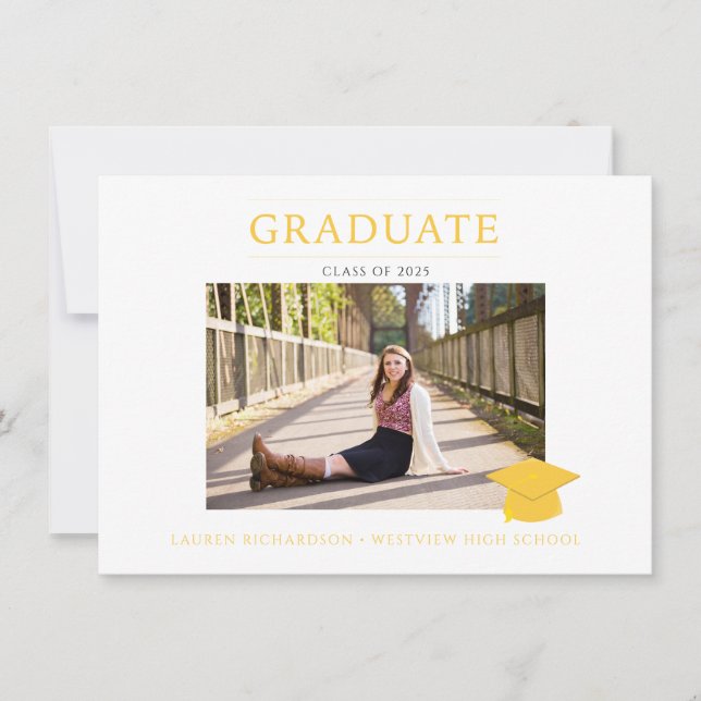 Invitación Partido de graduación de fotos simples amarillas y (Anverso)