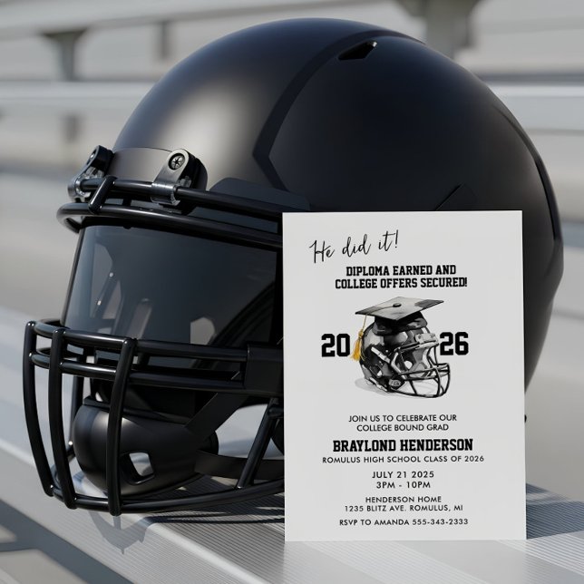 Invitación Partido de Graduación de Fútbol Americano Negro y  (Football Graduation Party Invitation | Graduation Invitations for Football Players)