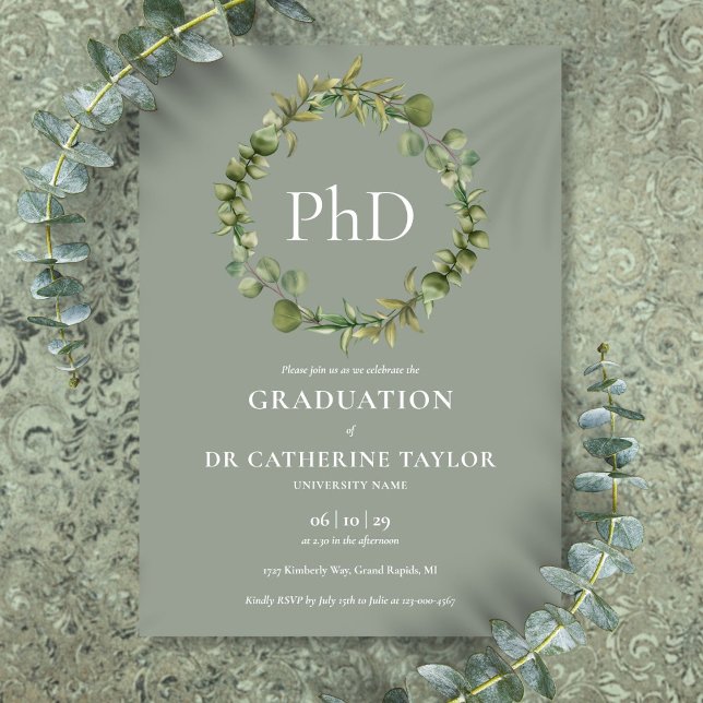 Invitación Partido de Graduación de Garland Verde de grado do (PhD Degree Sage Green Garland Graduation Party Invitation)