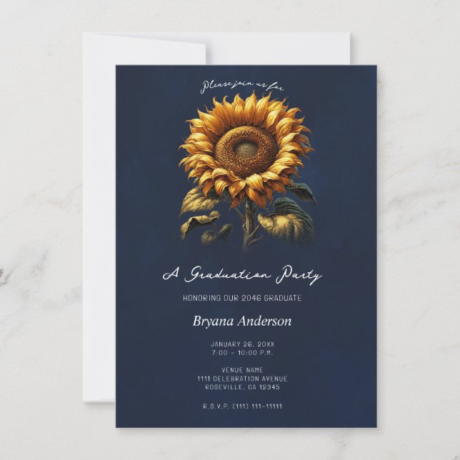 Invitación Partido de Graduación de Girasol Rústico Azul (Anverso)