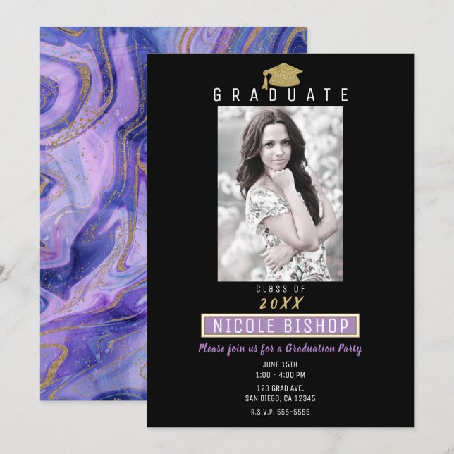 Invitación Partido de Graduación de Glam de Mármol Morado, Pu (Anverso / Reverso)
