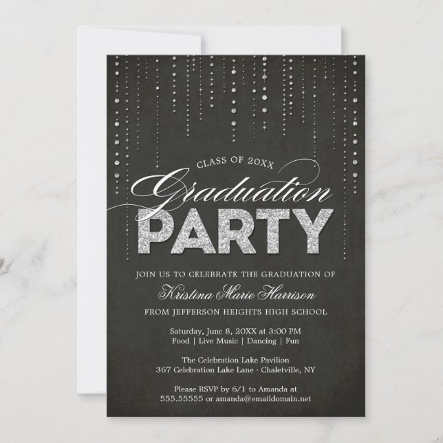 Invitación Partido de Graduación de Glam Silver Purpurina Bli (Anverso)