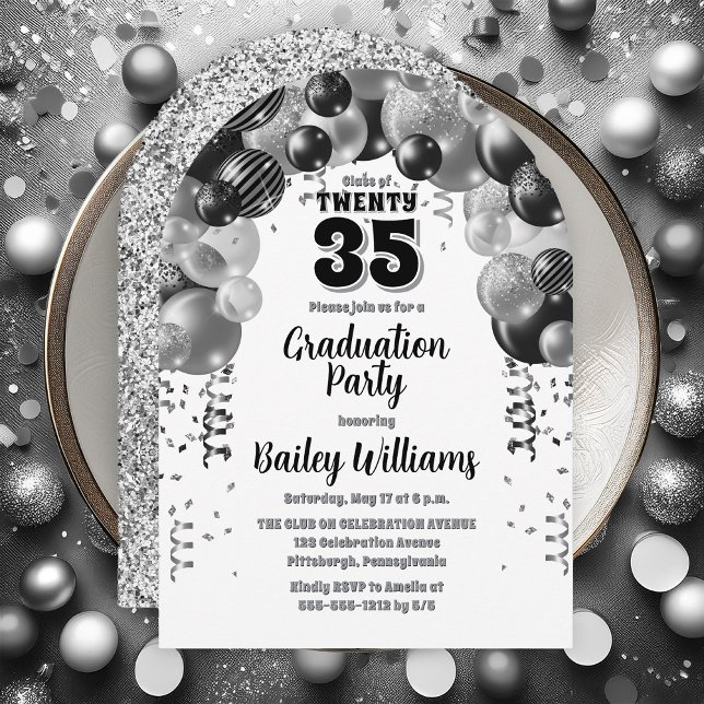 Invitación Partido de Graduación de Globos de Plata Negra (Black | Silver Balloons Class Year Graduation Party Invitations - Print and/or Download Available)