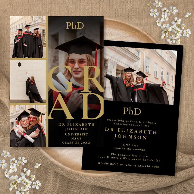 Invitación Partido De Graduación De Graduación De Grado De Ph (Black And Gold 5 Photo PhD Degree Graduation Party Invitation)