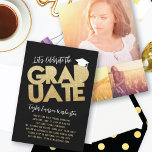 Invitación Partido de Graduación de Graduación de Purpurina d<br><div class="desc">'Celebremos el GRADUADO'. Este moderno diseño de invitación/invitación de la fiesta de graduación de moda presenta un fresco recorte de un texto GRADUATE audaz y moderno sobre un sólido fondo negro. Elegante y brillante imagen purpurina de imitación dorada se mostrará a través de la ventana de corte de la tipografía...</div>