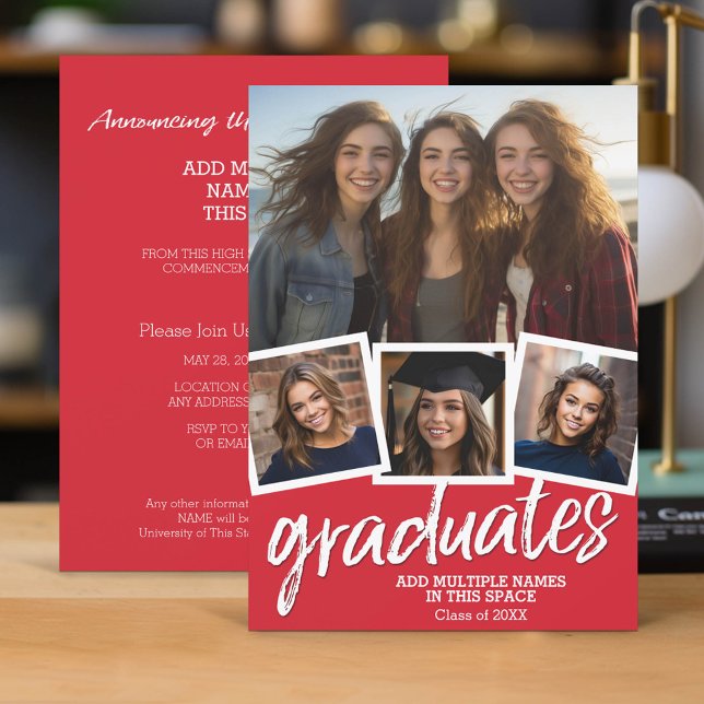 Invitación Partido de Graduación de Grupo - 4 Fotos Rojas (Group Graduation Invitation with 4 Photos and Party Information)