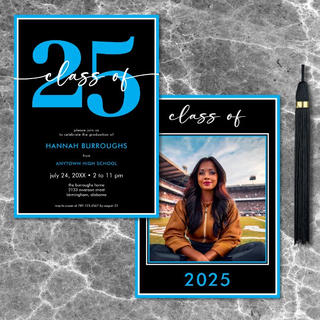 Invitación Partido de Graduación de Guión Azul Mínimo Moderno (Modern Minimal Blue Script Graduation Party Invitation)