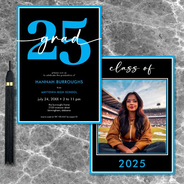 Invitación Partido de Graduación de Guión Azul Mínimo Moderno (Modern Minimal Blue Script Graduation Party Invitation)
