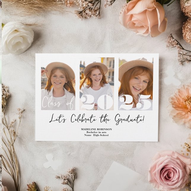 Invitación Partido de Graduación de Guión Moderno 5 Clase de  (Modern Script Graduation Party 5 Photo Class Invitation)