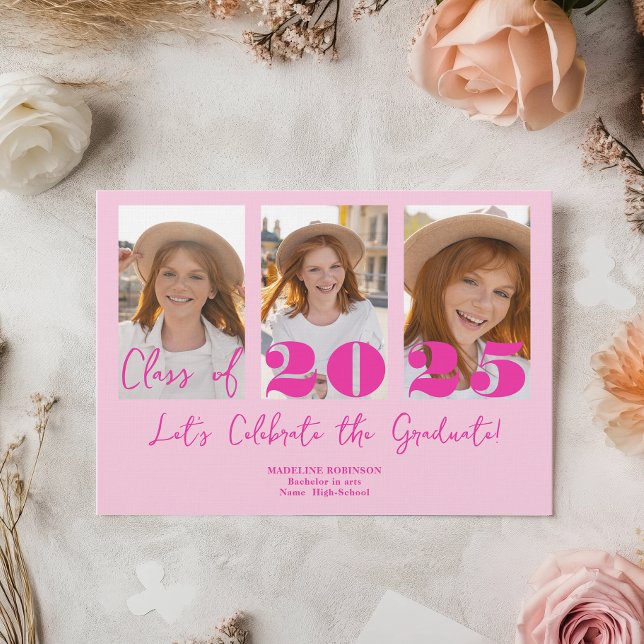 Invitación Partido de Graduación de Guión Rosado 5 Clase de F (Pink Script Graduation Party 5 Photo Class Invitation)
