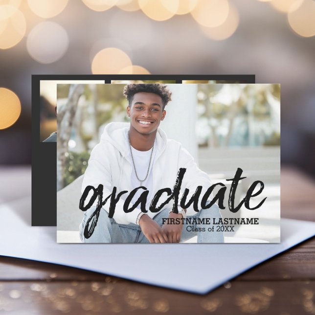 Invitación Partido de graduación de guiones de fotos completa (Graduation Announcement with 1 photo on the front and 3 photos on the back - includes party invite)