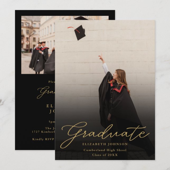 Invitación Partido De Graduación De Guiones De Fotos Negros Y (Anverso / Reverso)