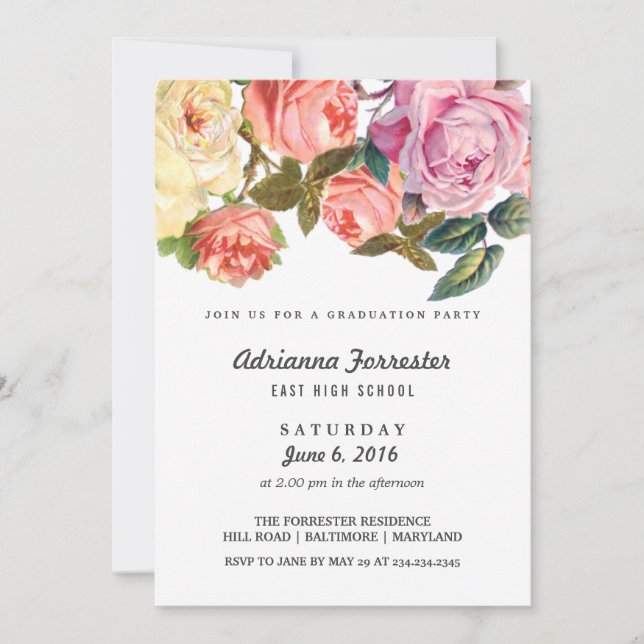 Invitación Partido de Graduación de Hermosos Rosas Vintage (Anverso)