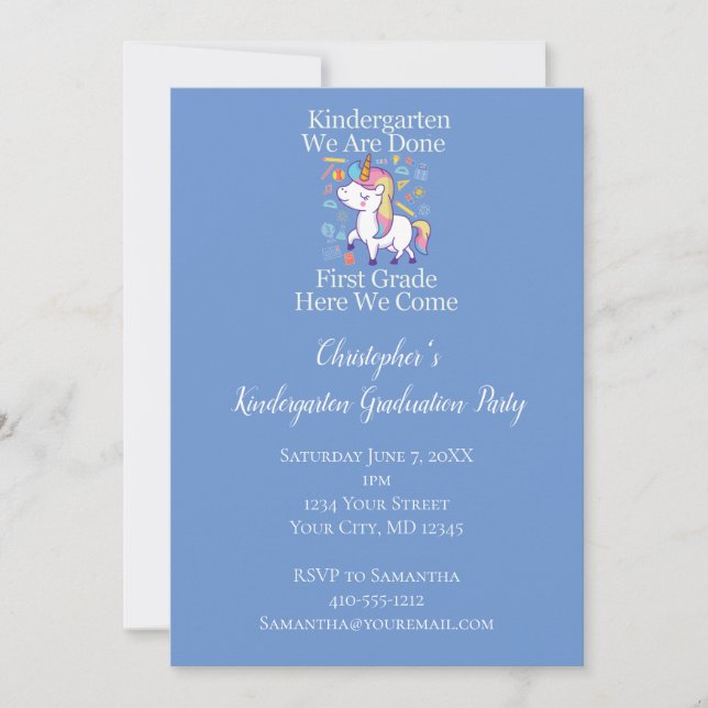 Invitación Partido de Graduación de Kindergarten Blue Unicorn (Anverso)