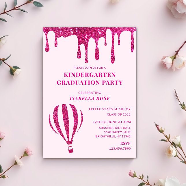 Invitación Partido de Graduación de Kindergarten, Purpurina r (hot pink kindergarten graduation party invitations, graduation invitations, graduation day invites)