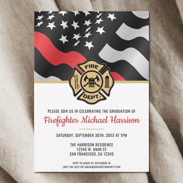 Invitación Partido de Graduación de la Academia de Bomberos d (Fireman Firefighter Fire Academy Graduation Party Invitation)
