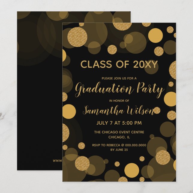 Invitación Partido de Graduación de la Black and Gold Bokeh (Anverso / Reverso)