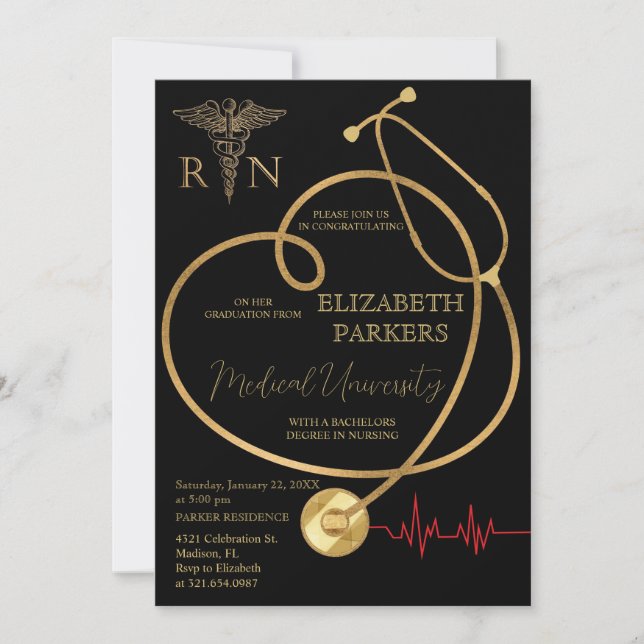 Invitación Partido de Graduación de la Enfermería de Oro Negr (Anverso)