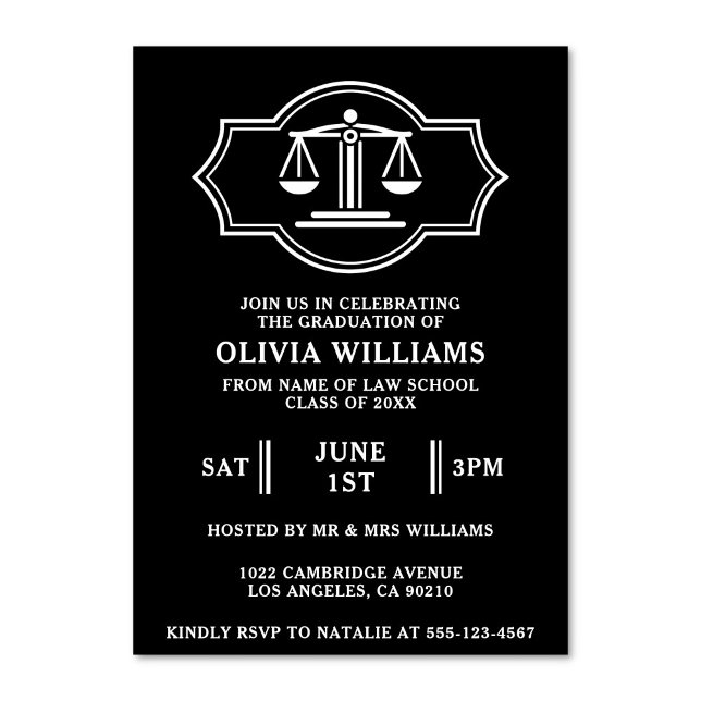 Invitación Partido De Graduación De La Escuela De Derecho (Law school graduation party invitation featuring the iconic scales of justice)