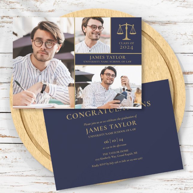 Invitación Partido de Graduación de la Escuela de Derecho Fot (Navy Blue 3 Photo Law School Graduation Party Invitation)