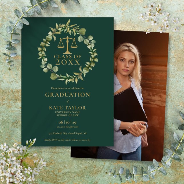 Invitación Partido de Graduación de la Escuela de Fotografía  (Emerald Garland Photo Law School Graduation Party Invitation)