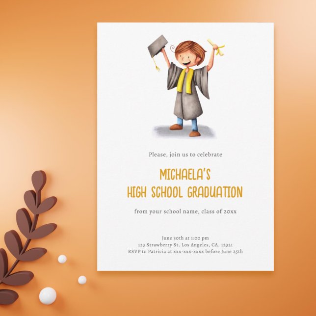 Invitación Partido de Graduación de la Escuela Secundaria de  (Minimalist Illustrated High School Graduation Party Invitation)