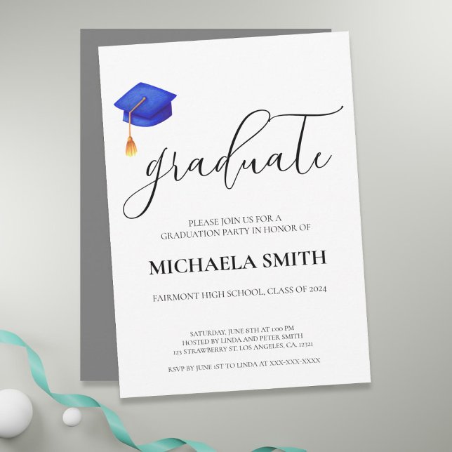 Invitación Partido de Graduación de la Escuela Secundaria de  (Modern Navy Blue Cap High School Graduation Party Invitation)