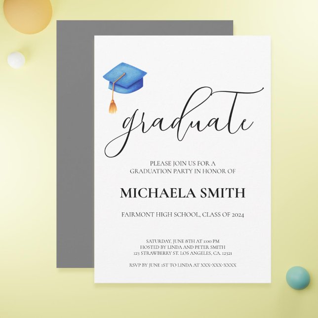 Invitación Partido de Graduación de la Escuela Secundaria Mod (Cute Modern Blue Cap High School Graduation Party Invitation)