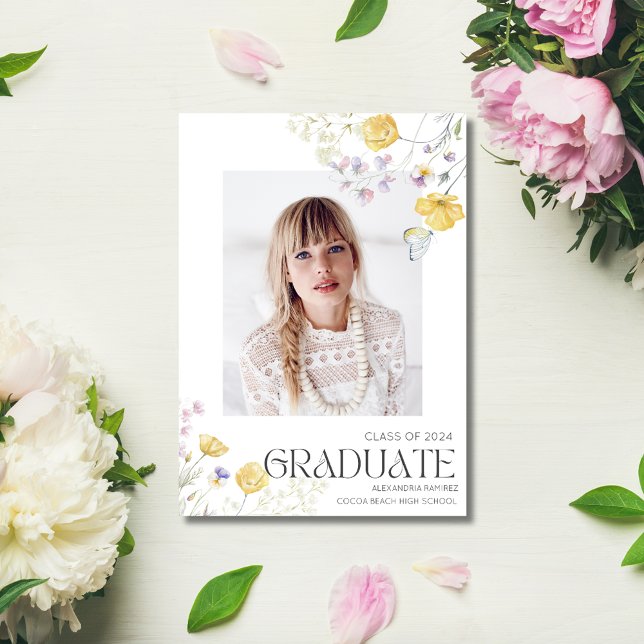 Invitación Partido de graduación de la escuela secundaria Wil (Wildflower Photo Girl High School Graduation Party Invitation)