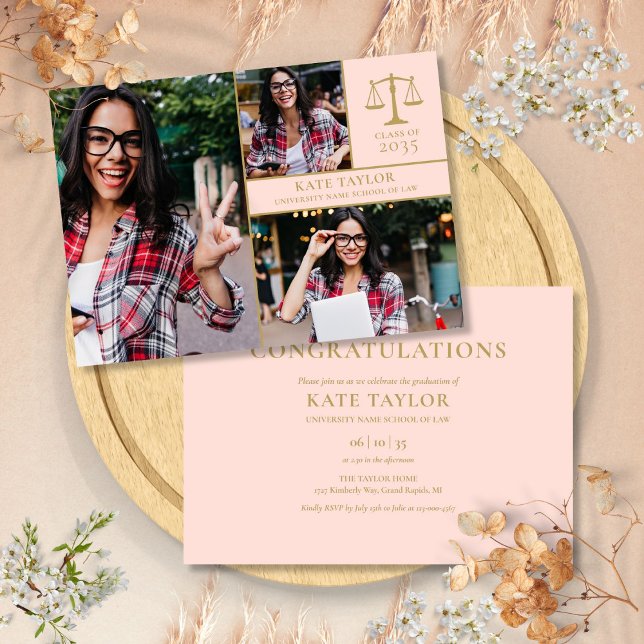 Invitación Partido de graduación de la Facultad de Derecho Fo (Blush Pink 3 Photo Law School Graduation Party Invitation)