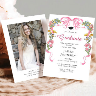Invitación Partido de graduación de la FOTO de la cinta rosad