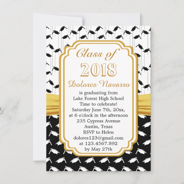 Invitación Partido de Graduación de la gorra blanca negra de  (Anverso)