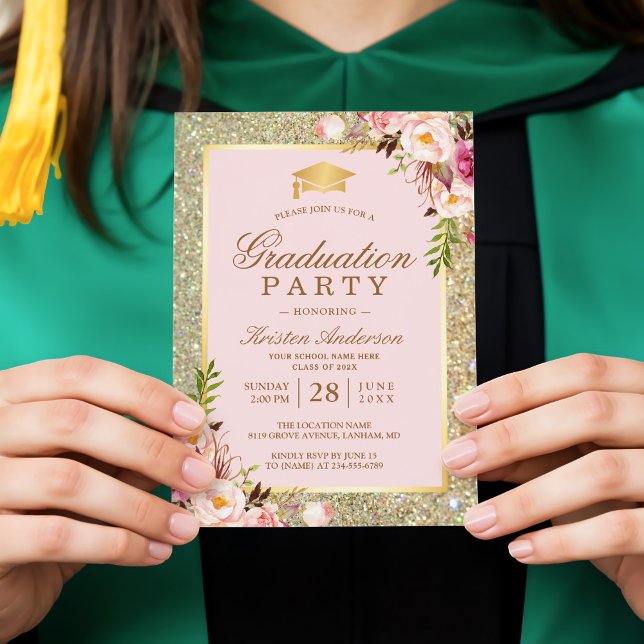 Invitación Partido de Graduación de la Rubor Floral Gold Spar (Subido por el creador)