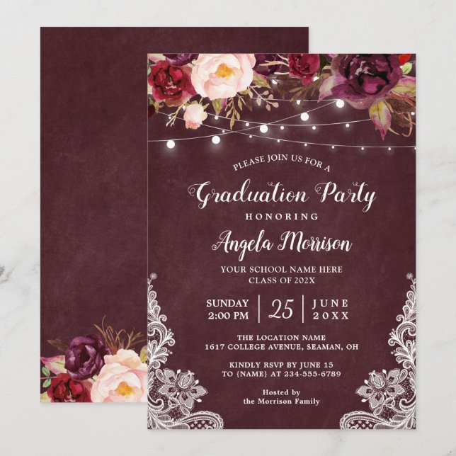 Invitación Partido de Graduación de Lace Ligero de Cuerdas Fl (Anverso / Reverso)