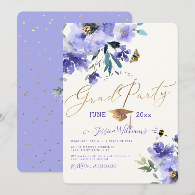 Invitación Partido de Graduación de las Acuarelas Florales de (Anverso / Reverso)