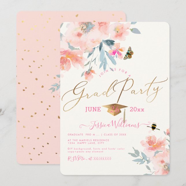 Invitación Partido de Graduación de las Acuarelas Florales de (Anverso / Reverso)