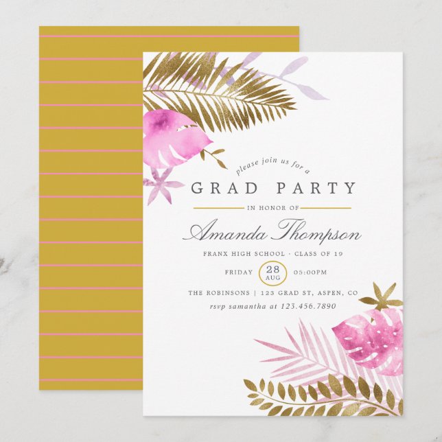 Invitación Partido de Graduación de las hojas tropicales rosa (Anverso / Reverso)