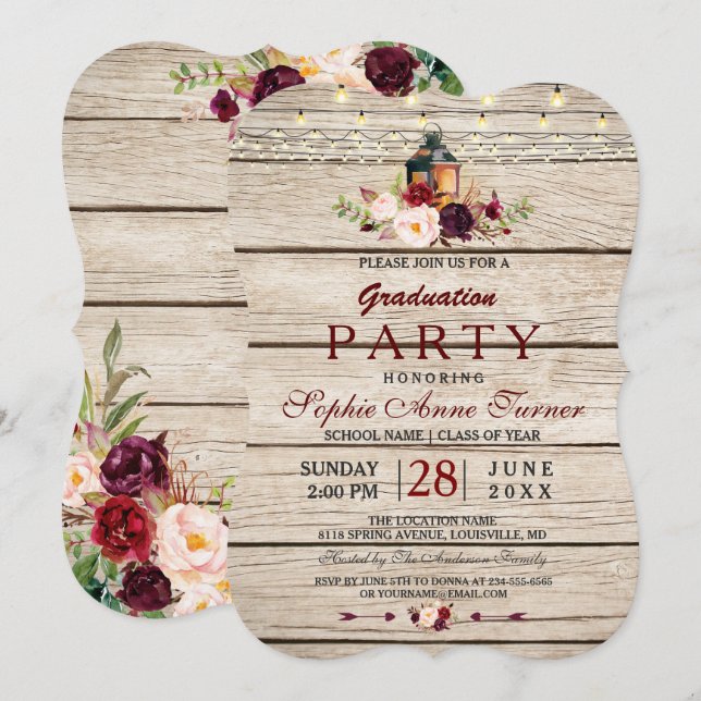 Invitación Partido de Graduación de Linterna Floral de Borgoñ (Anverso / Reverso)