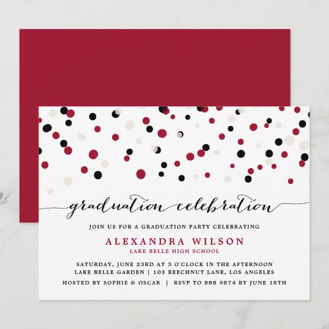 Invitación Partido de Graduación de los Confetti Rojo y Negro (Anverso / Reverso)