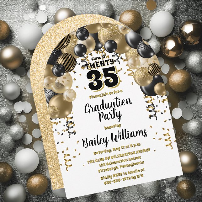 Invitación Partido de Graduación de los Globos de Oro Negro (Black | Gold Balloons Class Year Graduation Party Invitations - Print and/or Download Available)