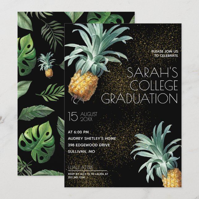 Invitación Partido de Graduación de Luau Delight Pineapple (Anverso / Reverso)