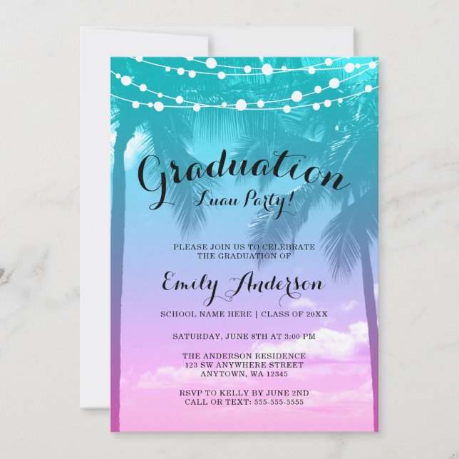 Invitación Partido de Graduación de Luau Verde azulado Rosa T (Anverso)