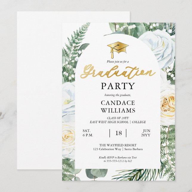 Invitación Partido de Graduación de Marco Floral de Rosas Bla (Anverso / Reverso)