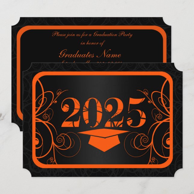 Invitación Partido de Graduación de Marco Negro y naranja (Anverso / Reverso)