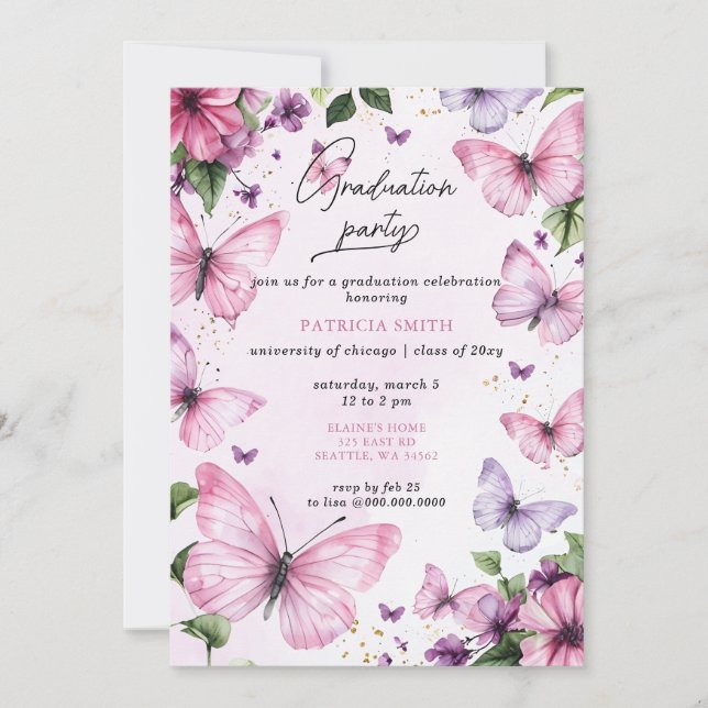 Invitación Partido de Graduación de Mariposas Púrpura Rosa (Anverso)