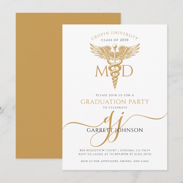 Invitación Partido de Graduación de Médico MD de oro moderno (Anverso / Reverso)
